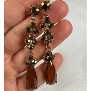 Gold Tone Dangle Earrings Brown Teardrop Beads Vintage Inspired Boho Glam 3”